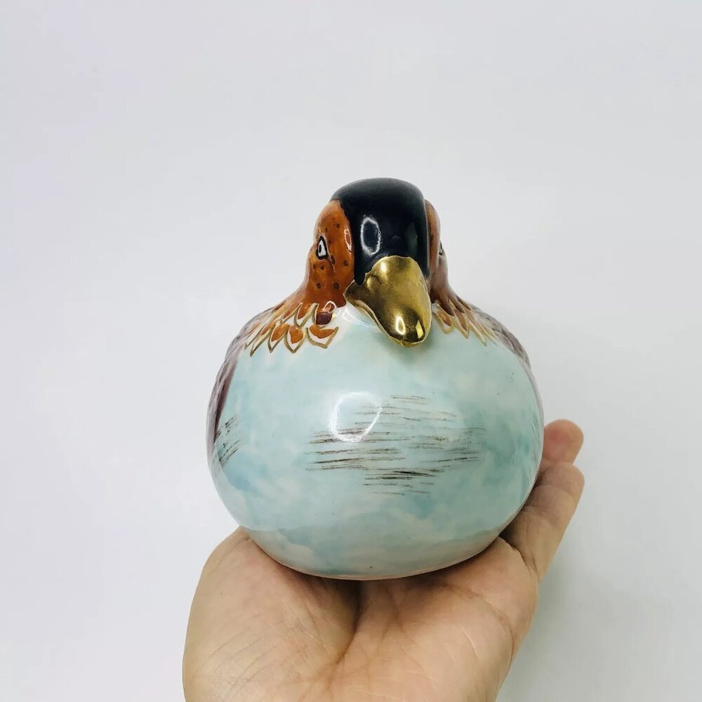 Vintage Bird Figurine Japanese Kutani Mandarin Duck Painted Gilded Signed Stamp - Picture 6 of 9